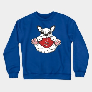 Little Puppy of french bulldog hold in paws a red heart with inscription i love you Crewneck Sweatshirt